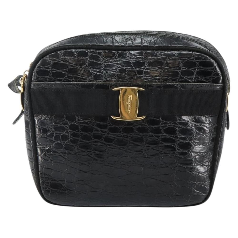 Salvatore Ferragamo Leather Embossed Vara Shoulder Bag Black